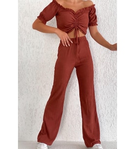 Kadın Madonna Yaka Önden Büzgülü Bürümcük Crop (Kiremit)