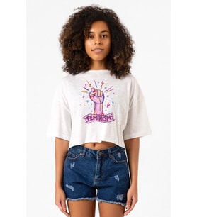 Colorful Feminism Hand Beyaz Kırçıllı Kadın Crop Tshirt