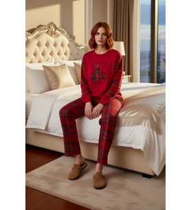 Kadın Kirmizi Ekose Polar Pijama Takımı Ayicik Detayli Fonksiyonel Dayanıklı Kaliteli Spor