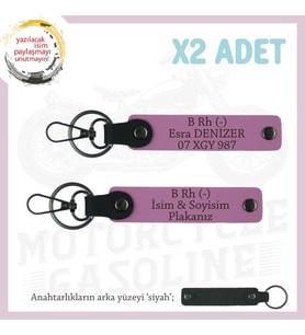 Yol Tutkunlarına İsim Plaka ve B Rh (-) Kan Grubu Yazılı Kişiselleştirilmiş x2 Anahtarlık, Pembe-Syh (Çok Renkli)