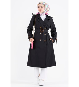 Omuzu Apoletli Trençkot-Siyah