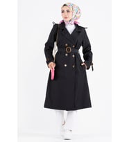 Omuzu Apoletli Trençkot-Siyah