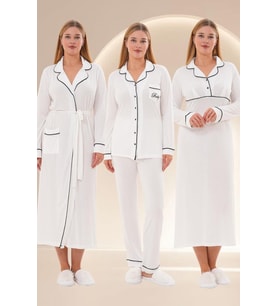 Mecit 6335 Ekru Kadın Sabahlık Gecelik Pijama Seti