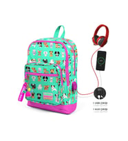 Coral High Kids Su Yeşili Neon Pembe Köpek Desenli Dört Bölmeli USB'li Okul Sırt Çantası 23266