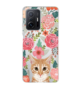 Redmi Mi 11T/Mi 11T Pro Uyumlu Kedi ve Çiçek Desenli Şeffaf Telefon Kılıfı
