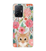 Redmi Mi 11T/Mi 11T Pro Uyumlu Kedi ve Çiçek Desenli Şeffaf Telefon Kılıfı