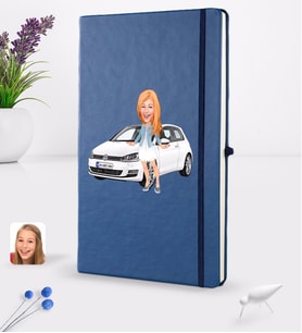 BK Gift Kişiye Özel Plakalı Kadın Volkswagen Golf Karikatürlü Lacivert Termo Deri Defter 16x24cm Model 1