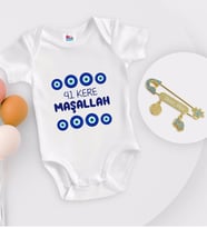 BK Kids Kişiye Özel Maşallah Tasarımlı Beyaz Bebek Body Zıbın ve Erkek Bebek İğnesi Hediye Seti-2
