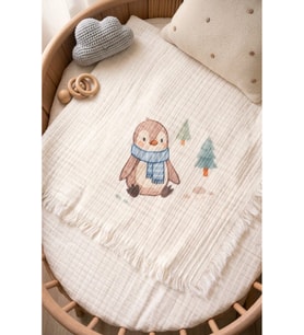 Penguen Baskılı %100 Pamuklu 4Katlı Müslin Bebek Battaniyesi 90x110 cm