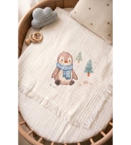 Penguen Baskılı %100 Pamuklu 4Katlı Müslin Bebek Battaniyesi 90x110 cm