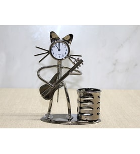 Metal Gitar Çalan Müzisyen Kedi Saat Ve Kalemlik