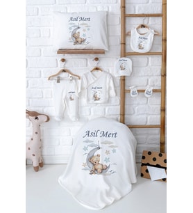 Pia Baby Premium İsimli %100 Pamuk Yenidoğan Erkek Bebek Hediyelik Zıbın Set 5018-02 (Ekru)