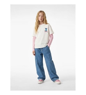 Koton Stitch Baskılı Lisanslı Ekru Kız Çocuk T-Shirt 6SKG10325AK