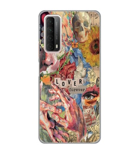 Huawei P Smart 2021 Uyumlu Aesthetic Vintage Kolaj Desenli Şeffaf Telefon Kılıfı