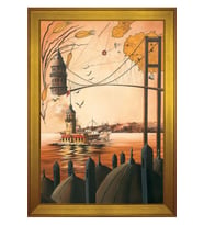 İstanbul Boğazı ve Galata Kulesi Motifli Kanvas Tablo 80 x 110 cm Gold Çerçeve