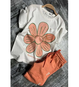 Kız Çocuk Üzeri Papatya Baskılı T-Shirt Çift Cepli Lastikli Turuncu Pijama Takım