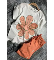 Kız Çocuk Üzeri Papatya Baskılı T-Shirt Çift Cepli Lastikli Turuncu Pijama Takım