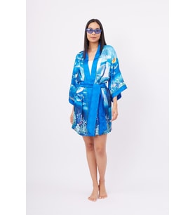 Peraluna OCEAN STORY SHORT KIMONO Baskılı Saten Kadın Kısa Kimono - Deniz Mavisi