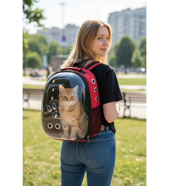 ZEKTON Astronot Kedi Taşıma Çantası Şeffaf Kırmızı 34x26x40 cm - 9 Hava Kanallı Sarsılmaz Taban - Hediye Kedi Tasmalı