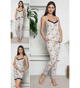 Kadın Pembe Renkli Dantel Detaylı Şortlu Ve Taytlı Pijama Takımı 3lü Set 2022-75028