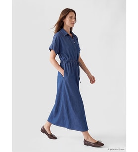 LCW EVERYDAY İndigo Gömlek Yaka Beli Bağcıklı Jean Elbise