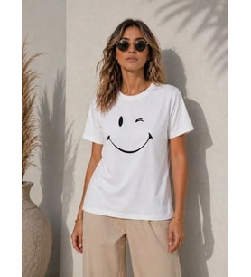 Minimal Gülümseyen Yüz Baskılı Tişört Kısa Kol Yazlık T-Shirt - Beyaz