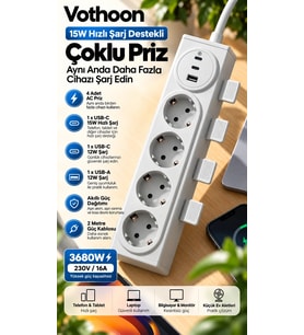 Vothoon 4 lü Akıllı Priz Tek Dokunuşla Fiş Çıkarma 2 Metre Kablo 2 Type-C + USB 15W Hızlı Şarj 3680W Krem