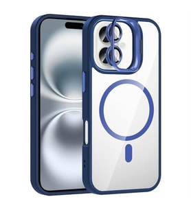 Coverzone iPhone 16 Plus ile Uyumlu Z-Etro MagSafe Wireless ?arj Destekli, G��l� Manyetik Tutucu, Stand Olabilen, Kamera Lens Hediyeli Koruyucu K?l?f Lacivert