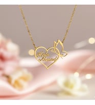 Kişiye Özel 925 Ayar Gümüş Şık Kalp Kelebek Detaylı Çift İsim Kolye (Gold)