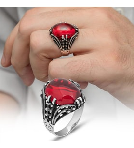 Kırmızı Lal Taşlı Oval 925 Gümüş Erkek Yüzük