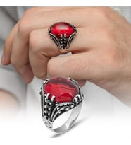 Kırmızı Lal Taşlı Oval 925 Gümüş Erkek Yüzük