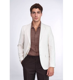 Krem Çizgili Keten Dokulu Gold Renk Metal Düğmeli Slim Fit Erkek Blazer Ceket – Wessi
