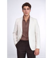 Krem Çizgili Keten Dokulu Gold Renk Metal Düğmeli Slim Fit Erkek Blazer Ceket – Wessi