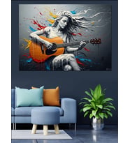 Gitar Çalan Modern Kadın Figürü Dekoratif Kanvas - Mdf Ahşap Tablo