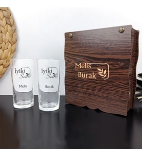 Kişiye Özel Ahşap Hediye Kutusu İçinde İkili Rakı Bardağı Seti