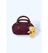 Süet Mini El Çantası, Bordo Renk, Kahverengi Saplı, Peluş Ayıcık Aksesuarlı (Bordo)