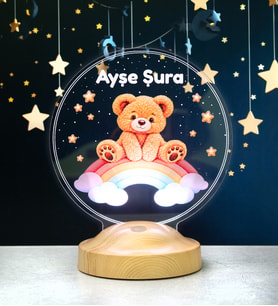 Gökkuşağı ve Sevimli Ayı Teddy LED Lamba - Bebek ve Çocuk Odası, Doğum Günü Hediyesi, Rainbow Temalı Masalsı Hediye