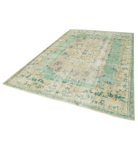 Eskitme Halı Krem Bej Çiçekli Klasik Göbekli Desen El Dokuma Salon Halısı Vintage Stil