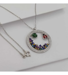 Gümüş Yonca Ve Uğur Böcekli Çember Kolye 925 Ayar (Karışık)