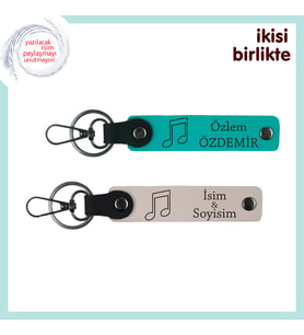 Müzik Ruhunu Taşıyanlara Hediye, Kişisel İsimli Nota Temalı Anahtarlık Takımı, Koyu Turkuaz-Pudra