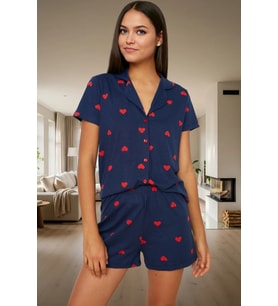 Kısa Kollu Pamuklu Pijama Takımı Kalpli Desenli Regular Kalıp Yazlık Ev Giyim Özenle Seçilmiş (Lacivert)