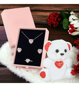 Mareluxe Kalp Temalı Kolye Yüzük Küpe Set Özel Tasarım Pembe Kalp İşlemeli Gümüş Love Set (Pembe Gümüş)