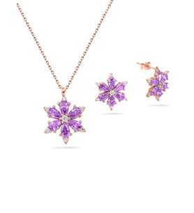 925 Ayar Lotus Çiçeği Ametist Taşlı Rose Kadın Kolye Küpe Set