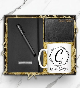 Kişiye Özel Erkek Cüzdan & Kupa & Siyah Defter & Roller Kalem Erkeğe Hediye Seti