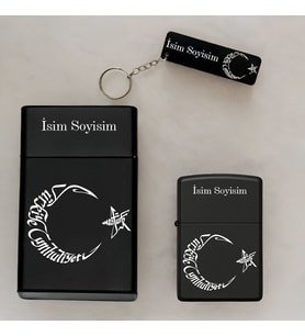 TC Ayyıldız  Desenli Kişiye Özel İsimli Çakmak,Metal Tabaka ve Anahtarlık Seti - 3'lü Hediye Set