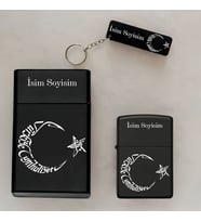 TC Ayyıldız  Desenli Kişiye Özel İsimli Çakmak,Metal Tabaka ve Anahtarlık Seti - 3'lü Hediye Set (Siyah)