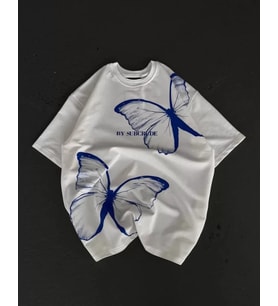 Unisex Bisiklet Yaka Baskılı Oversize T-Shirt - Beyaz