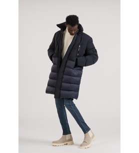 Regular Fit Dik Yaka Yan Cepli Uzun Şişme Kapitone Mont (Lacivert)