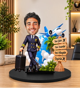 Kişiye Özel Pilot Biblosu – 3D Karikatür Kaptan Pilot Figürü, Uçaklı Havacılık Hediyesi, Dekoratif Masa Süsü