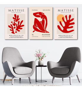 Henri Matisse 3'lü Kanvas Tablo Seti - Kırmızı Soyut Yaprak Ve Figör Tasarımlı Modern Duvar Tablosu Seti
